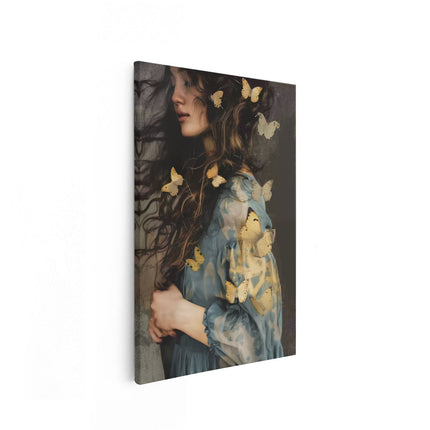 Canvas schilderij vooraanzicht Vrouw met Lang haar en Vlinders