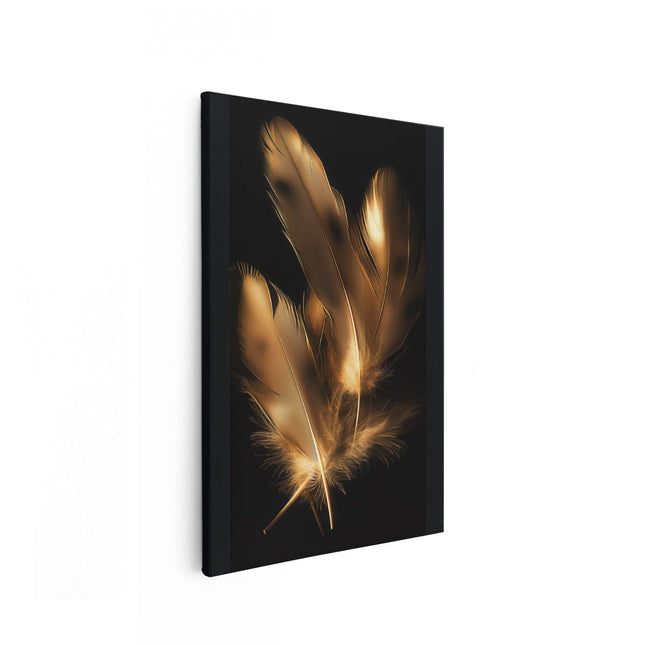 Canvas schilderij vooraanzicht Gouden Veren op een Zwarte Achtergrond