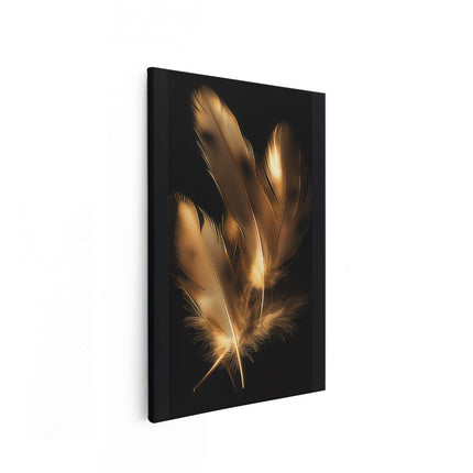 Canvas schilderij vooraanzicht Gouden Veren op een Zwarte Achtergrond