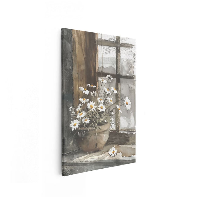 Canvas schilderij vooraanzicht Aquarelkunstwerk van Madeliefjes op een Vensterbank