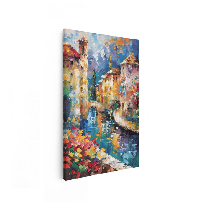 Canvas schilderij vooraanzicht Kunstwerk van een Gracht met Huizen en Bloemen
