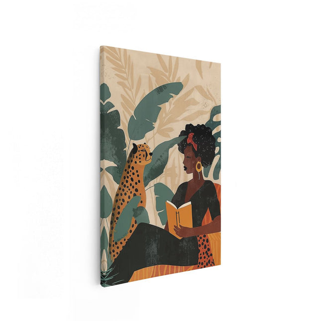 Canvas schilderij vooraanzicht Vrouw die een Boek Leest met een Cheetah