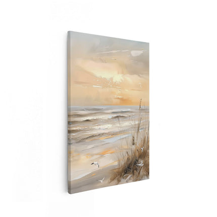 Canvas schilderij vooraanzicht Kunstwerk van een Strandtafereel met Meeuwen en Riet