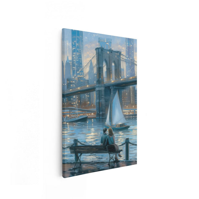 Canvas schilderij vooraanzicht Paar Zittend op een Bankje met Uitzicht op de Brooklyn Bridge