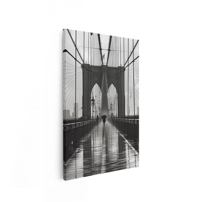 Canvas schilderij vooraanzicht Persoon die op de Brooklyn Bridge loopt in de Regen