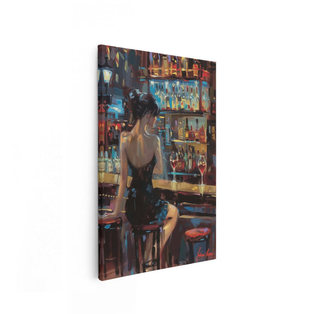 Canvas schilderij vooraanzicht Vrouw zit aan een Bar