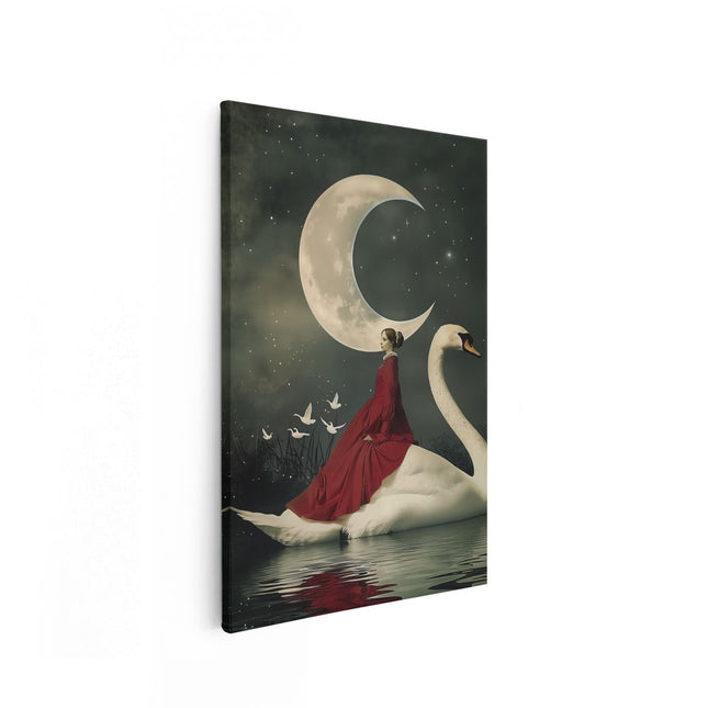Canvas schilderij vooraanzicht Vrouw in een Rode Jurk die op een Zwaan Rijdt