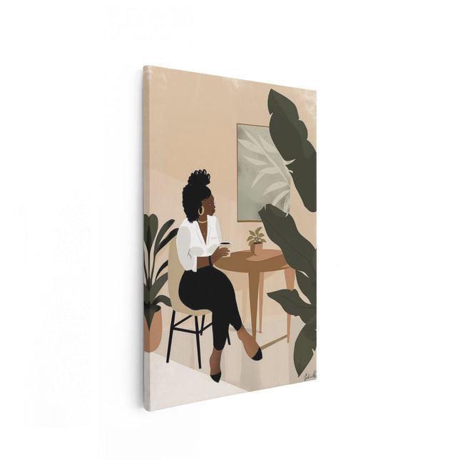 Canvas schilderij vooraanzicht Zwarte Vrouw zit aan een Bureau voor een Plant