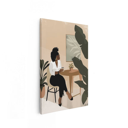 Canvas schilderij vooraanzicht Zwarte Vrouw zit aan een Bureau voor een Plant