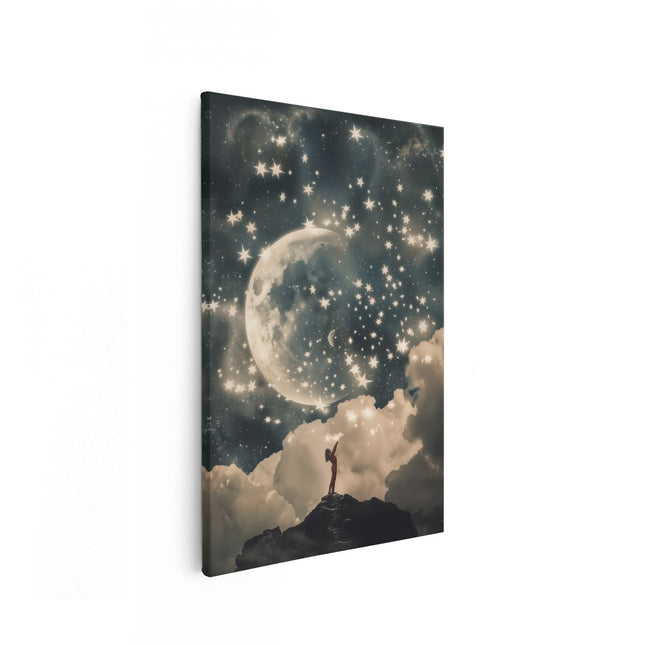 Canvas schilderij vooraanzicht Meisje Kijkt Omhoog naar de Maan en de Sterren