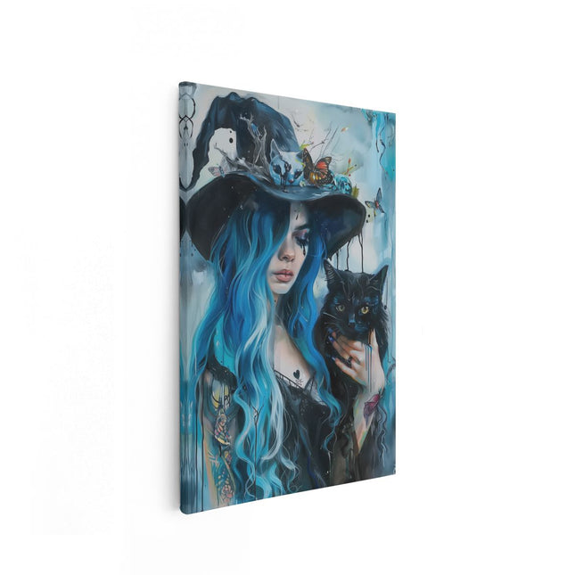 Canvas schilderij vooraanzicht Vrouw met Blauw haar die een Zwarte Kat Vasthoudt