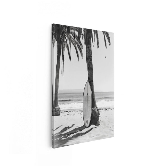 Canvas schilderij vooraanzicht Surfplank Leunend tegen een Palmboom