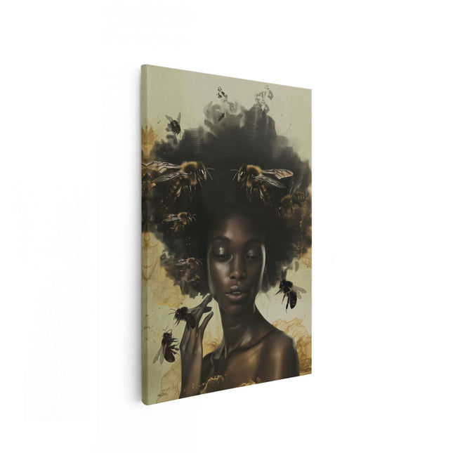 Canvas schilderij vooraanzicht Vrouw met een Afro Omringd door Bijen