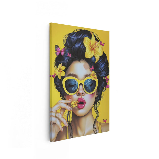 Canvas schilderij vooraanzicht Vrouw die Zonnebril en Bloemen Draagt