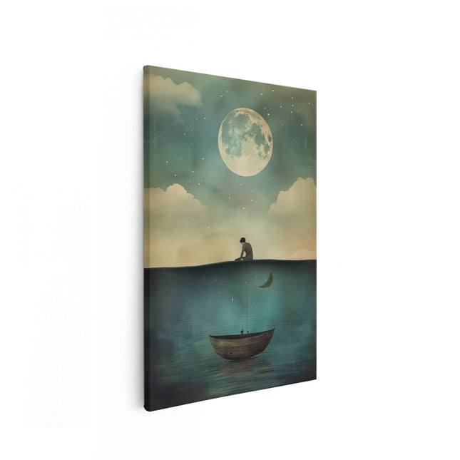Canvas schilderij vooraanzicht Man zit op een Boot met een Vis in het Water