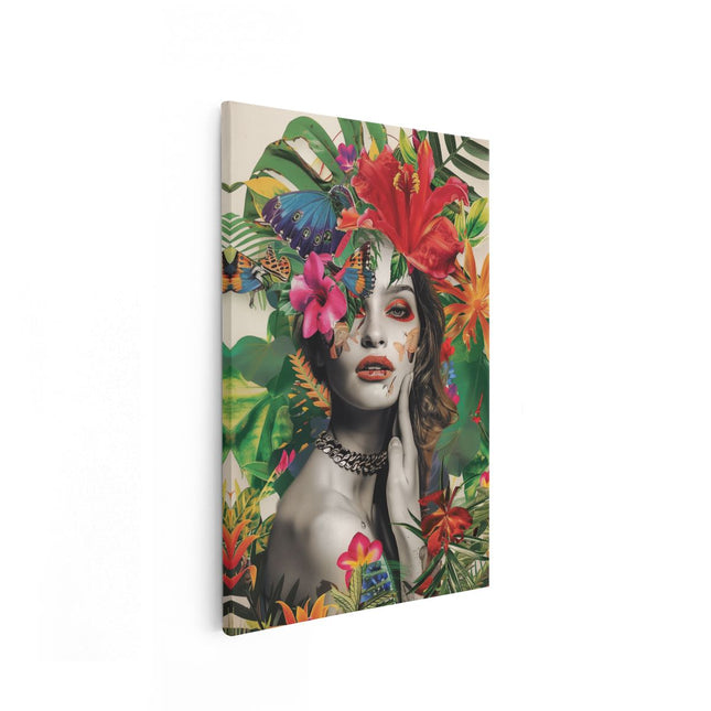 Canvas schilderij vooraanzicht Vrouw met Bloemen op haar Hoofd