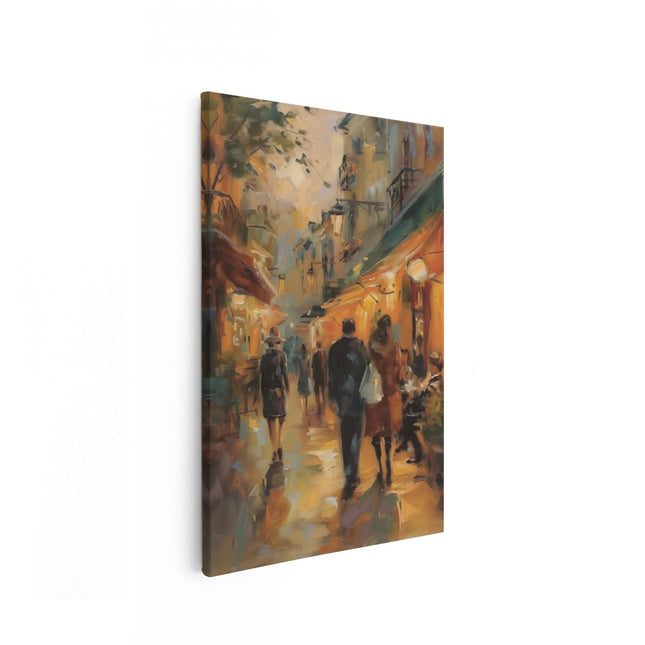 Canvas schilderij vooraanzicht Kunstwerk van Mensen die door een Straat Lopen