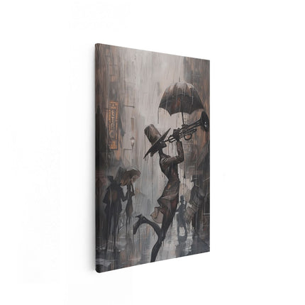 Canvas schilderij vooraanzicht Vrouw die Trompet speelt in de Regen
