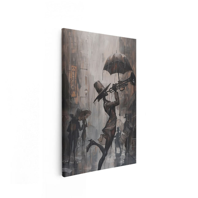 Canvas schilderij vooraanzicht Vrouw die Trompet speelt in de Regen