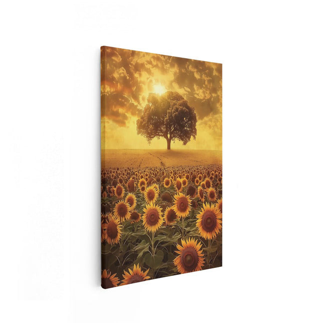 Canvas schilderij vooraanzicht Veld met Zonnebloemen met een Boom op de Achtergrond