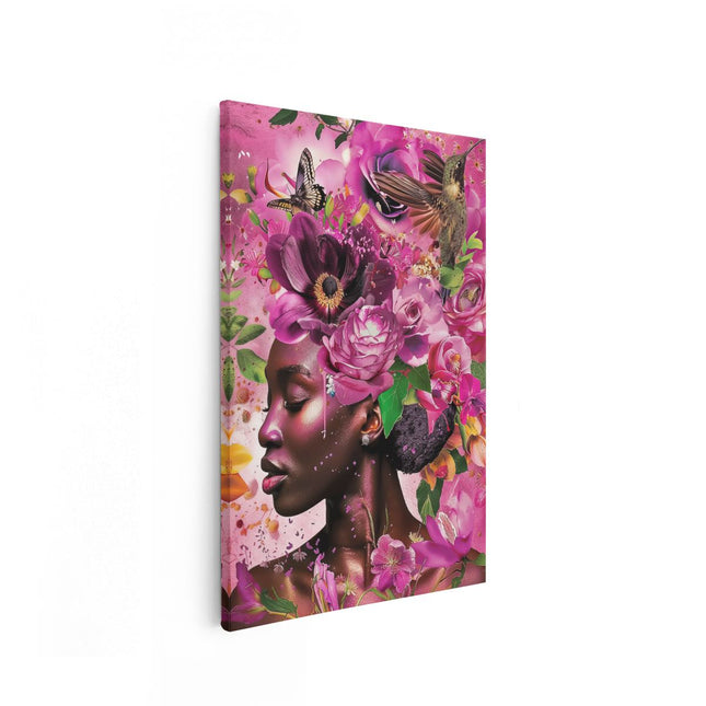 Canvas schilderij vooraanzicht Zwarte Vrouw met Bloemen op haar Hoofd