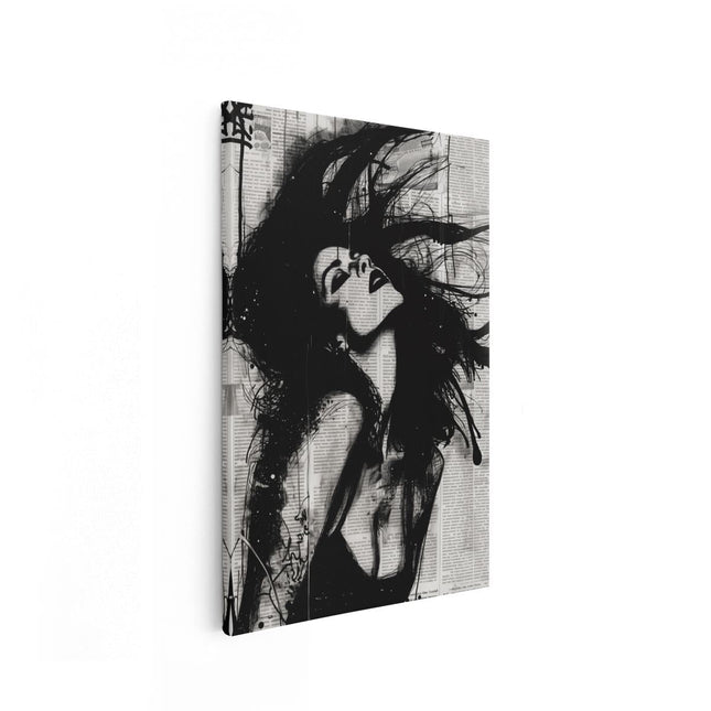 Canvas schilderij vooraanzicht Zwart Wit Beeld van een Vrouw met haar Haren Wapperend in de Wind