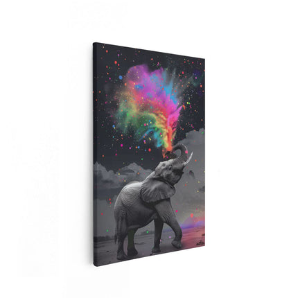 Canvas schilderij vooraanzicht Olifant Blaast Kleurrijke Confetti