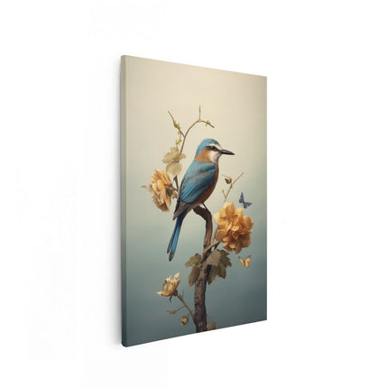 Canvas schilderij vooraanzicht Vogel Zat op een Tak met Bloemen