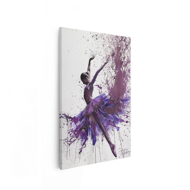 Canvas schilderij vooraanzicht Ballerina Springt in Paarse Verfspatten