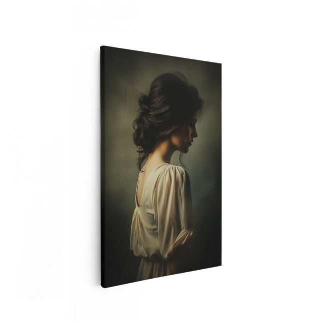 Canvas schilderij vooraanzicht Vrouw in een Witte Jurk met Donker Haar