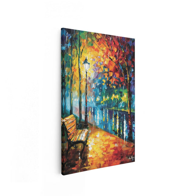 Canvas schilderij vooraanzicht Kunstwerk van een Bankje in de Regen