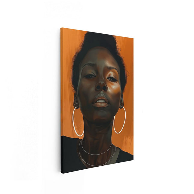 Canvas schilderij vooraanzicht Zwarte Vrouw met Oorringen
