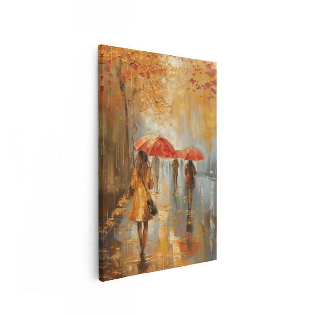 Canvas schilderij vooraanzicht Mensen die met Paraplu's in de Regen Lopen