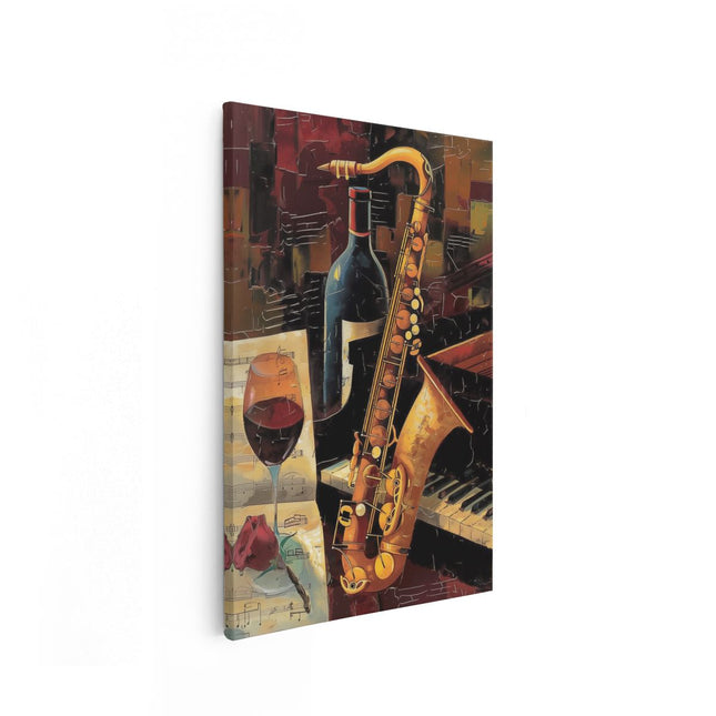 Canvas schilderij vooraanzicht Saxofoon en een Glas Wijn