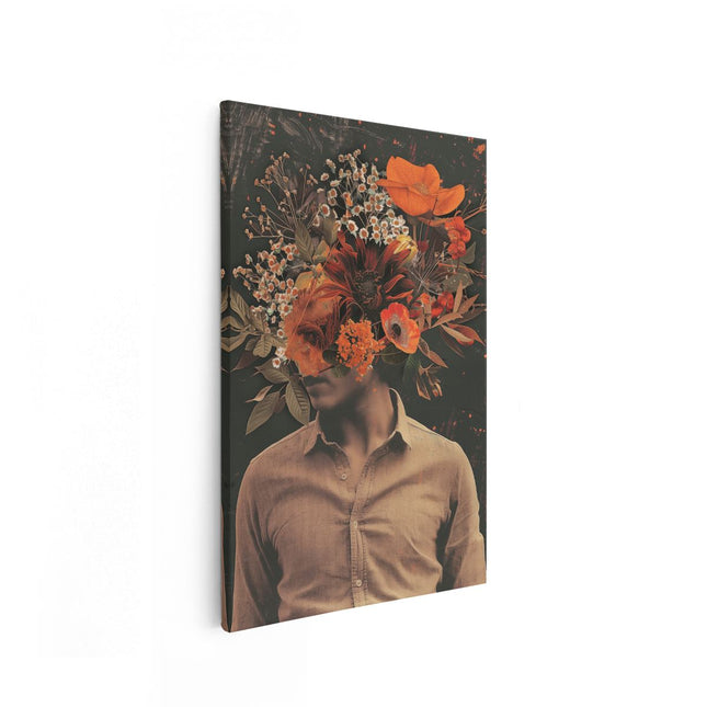 Canvas schilderij vooraanzicht Man met Bloemen op zijn Hoofd