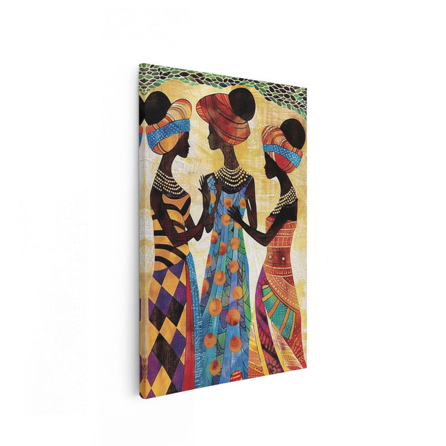 Canvas schilderij vooraanzicht Drie Afrikaanse Vrouwen in Kleurrijke Outfits