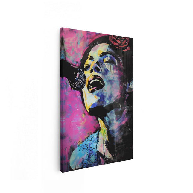 Canvas schilderij vooraanzicht Vrouw Zingt in een Microfoon