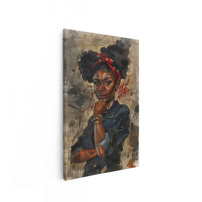Canvas schilderij vooraanzicht Zwarte Vrouw met Afrohaar en een Rode Bandana