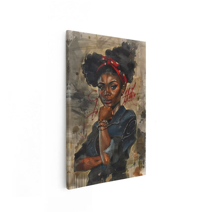 Canvas schilderij vooraanzicht Zwarte Vrouw met Afrohaar en een Rode Bandana
