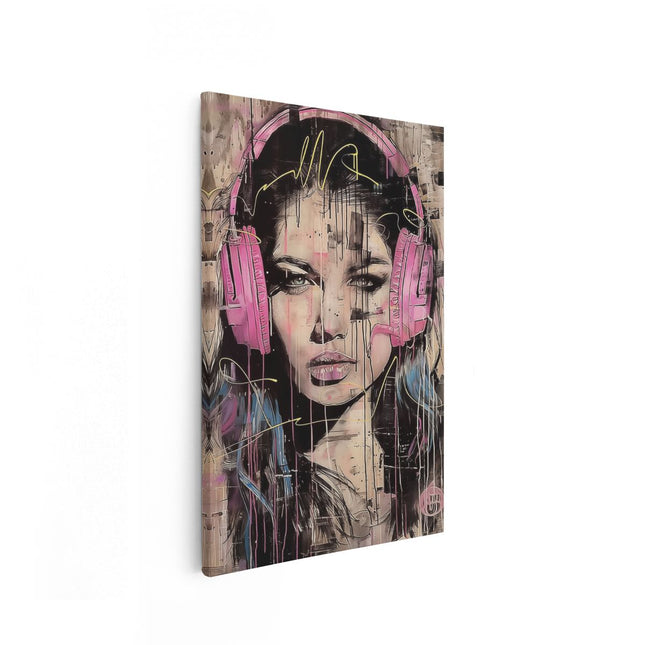 Canvas schilderij vooraanzicht Meisje met Roze Koptelefoon op haar Hoofd