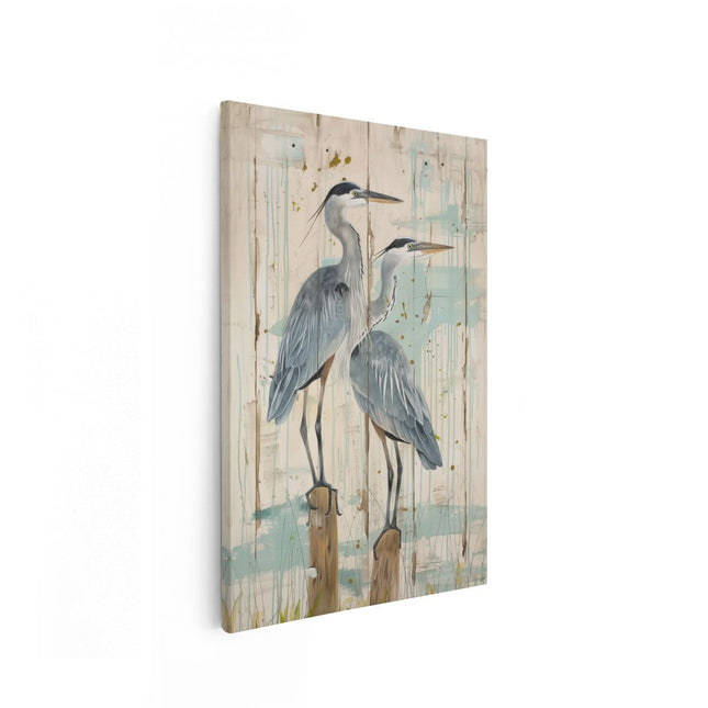 Canvas schilderij vooraanzicht Twee Blauwe Reigers op een Houten Paal