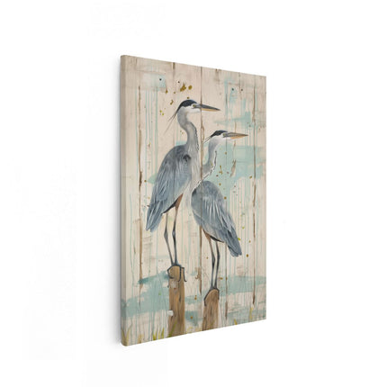 Canvas schilderij vooraanzicht Twee Blauwe Reigers op een Houten Paal