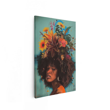 Canvas schilderij vooraanzicht Vrouw met Bloemen op haar Hoofd