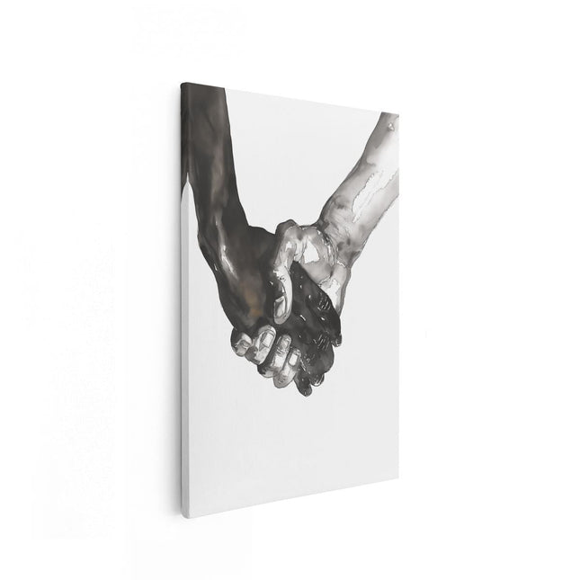 Canvas schilderij vooraanzicht Zwart Wit Tekening van Twee Mensen die Elkaar de Hand Schudden