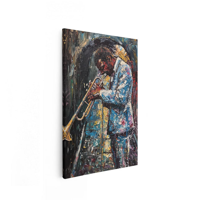 Canvas schilderij vooraanzicht Kunstwerk van een Jazzmuzikant die een Trompet Speelt