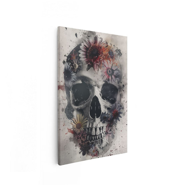 Canvas schilderij vooraanzicht Schedel met Bloemen Erop