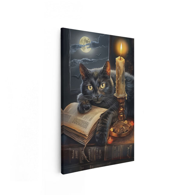 Canvas schilderij vooraanzicht Zwarte Kat die op een Boek ligt met een Kaars