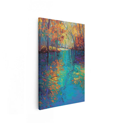 Canvas schilderij vooraanzicht Kunstwerk van een Rivier met Bomen op de Achtergrond