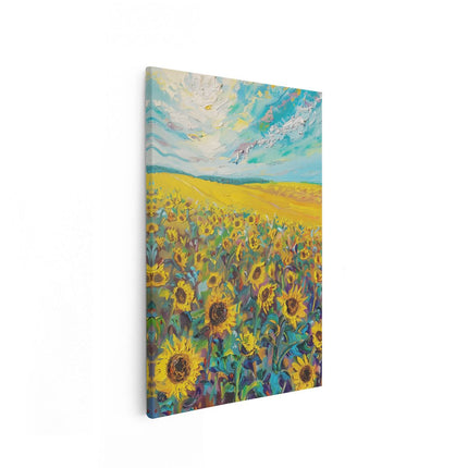 Canvas schilderij vooraanzicht Kunstwerk van Zonnebloemen in een Veld