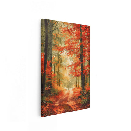 Canvas schilderij vooraanzicht Pad in het Bos met Rode Bladeren